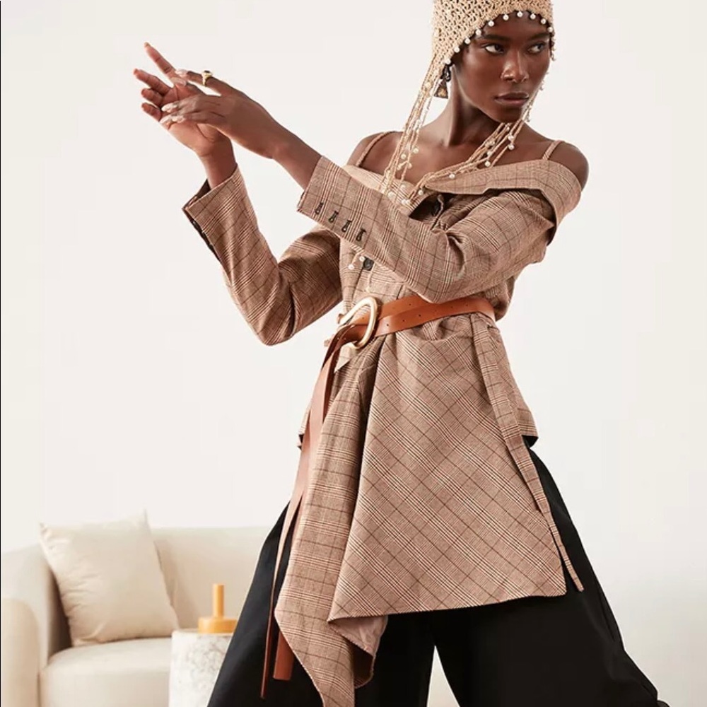 Plaid Assymetrical Cut Drop Shoulder Blazer Dress